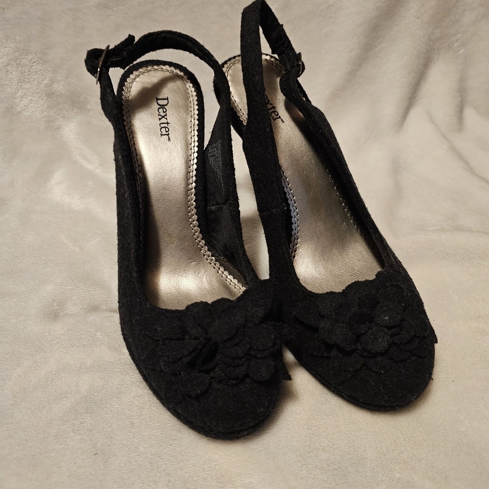 Dexter Black Wool Slingback Heels Decorative Flower On Toe Women's Size 7.5